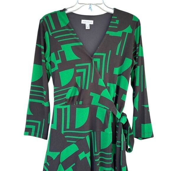 Susan Graver Green Black Geometric Print Knit 3/4 Sleeve Wrap Belted Dress Small - Picture 5 of 10